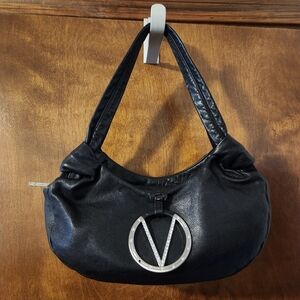 Black Leather Handbag with Silver Accent